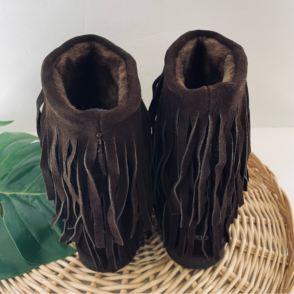 Minnetonka NWOT Moccasin brown suede fringe hippie boho faux fur boots size 6 - Picture 9 of 14